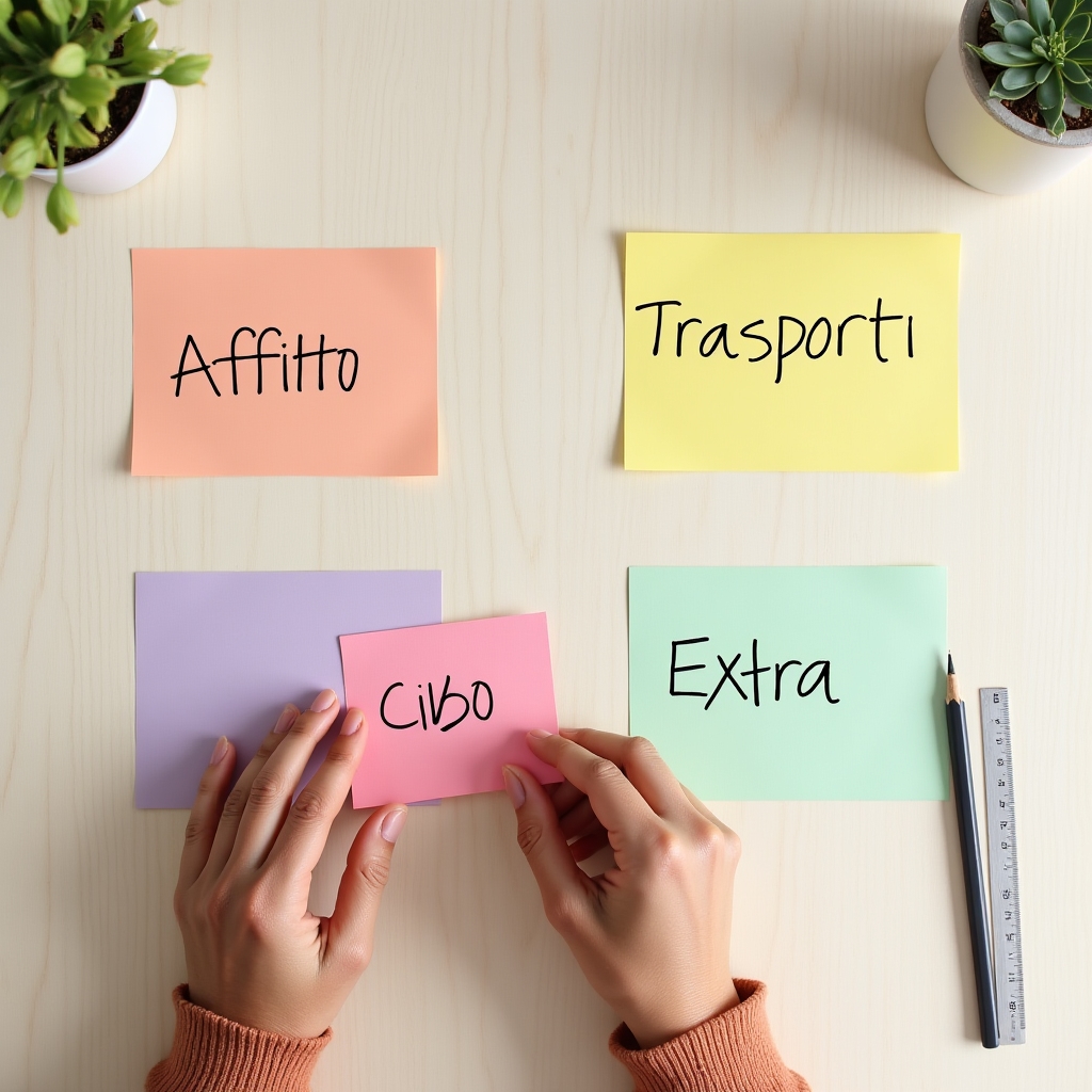 Tavolo con fogli colorati e post-it organizzati in categorie, vista dall'alto