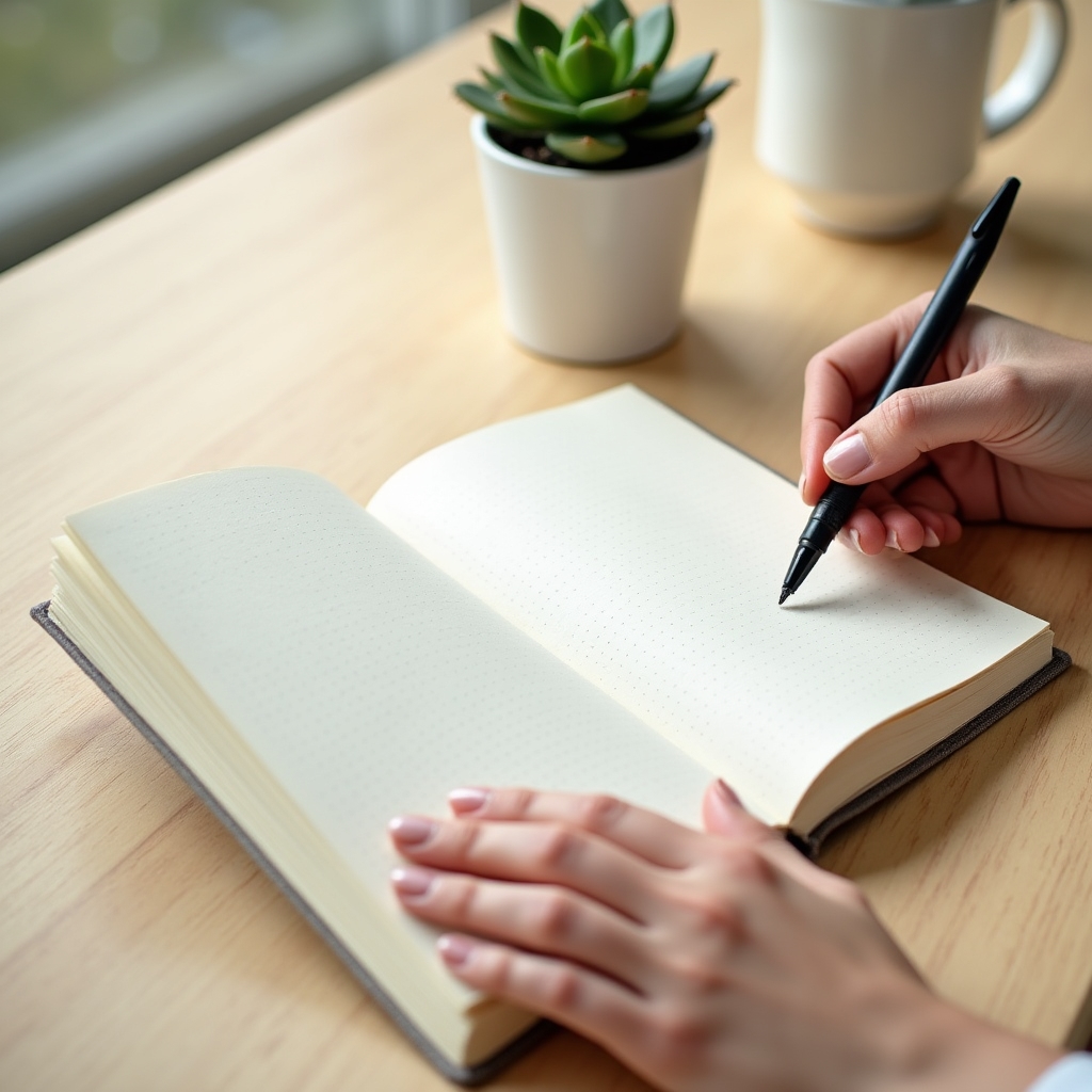 Mano che apre un taccuino vuoto su una scrivania chiara, pronta a scrivere, luce mattutina