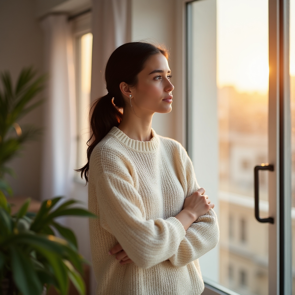 Persona che guarda fuori dalla finestra con luce soffusa, simbolo di un nuovo inizio