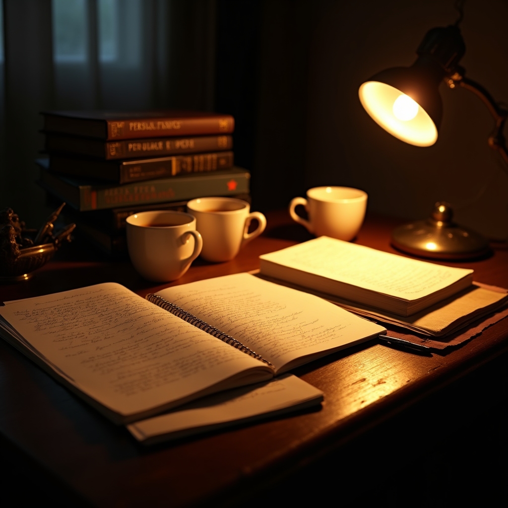 Scrivania con appunti scritti a mano, tazze di caffè e libri aperti, luce calda di lampada