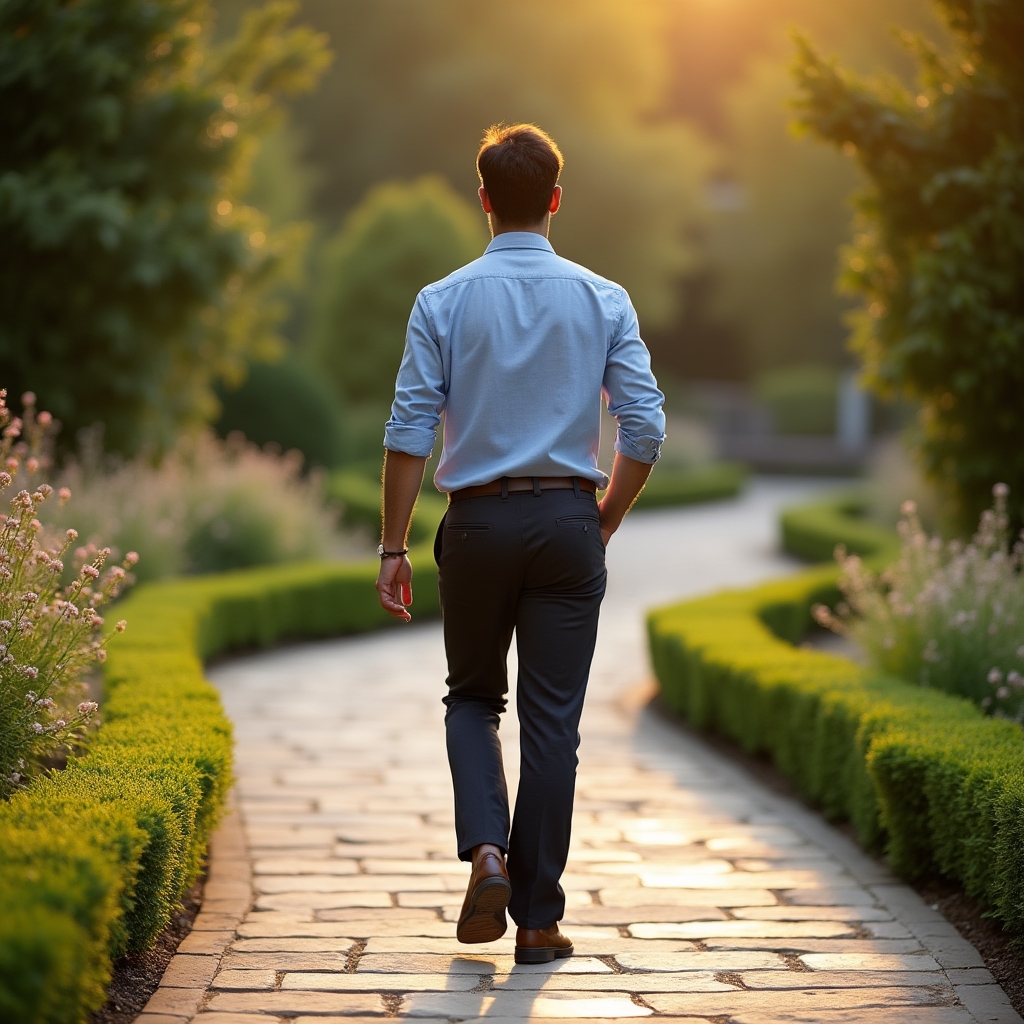 Persona che cammina su un sentiero di pietra in un giardino, vista laterale, luce dorata